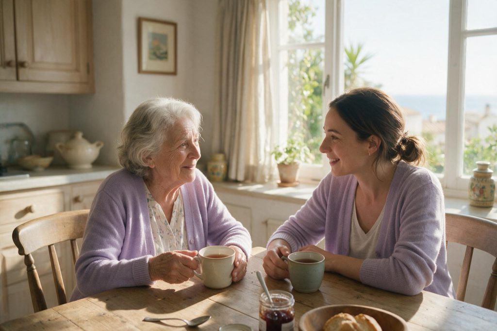 Una madre mayor y su hija conversan con dos tazas de té