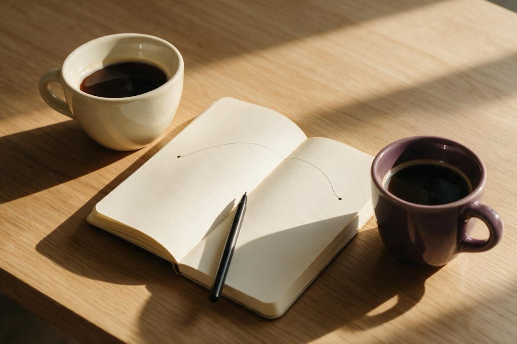 Dos tazas de café enfrentadas con un cuaderno entre ambas