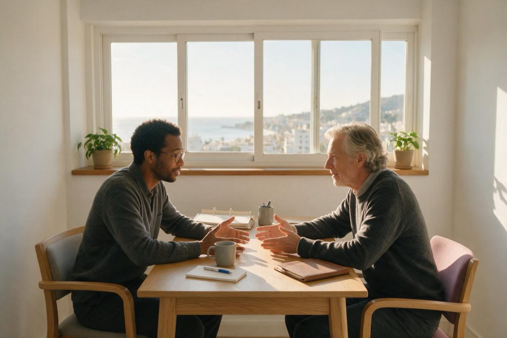 Dos personas conversan frente a una ventana con vistas a Málaga