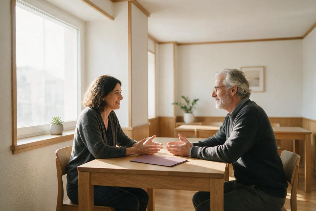 Una pareja dialoga en una sala luminosa con una carpeta ciruela